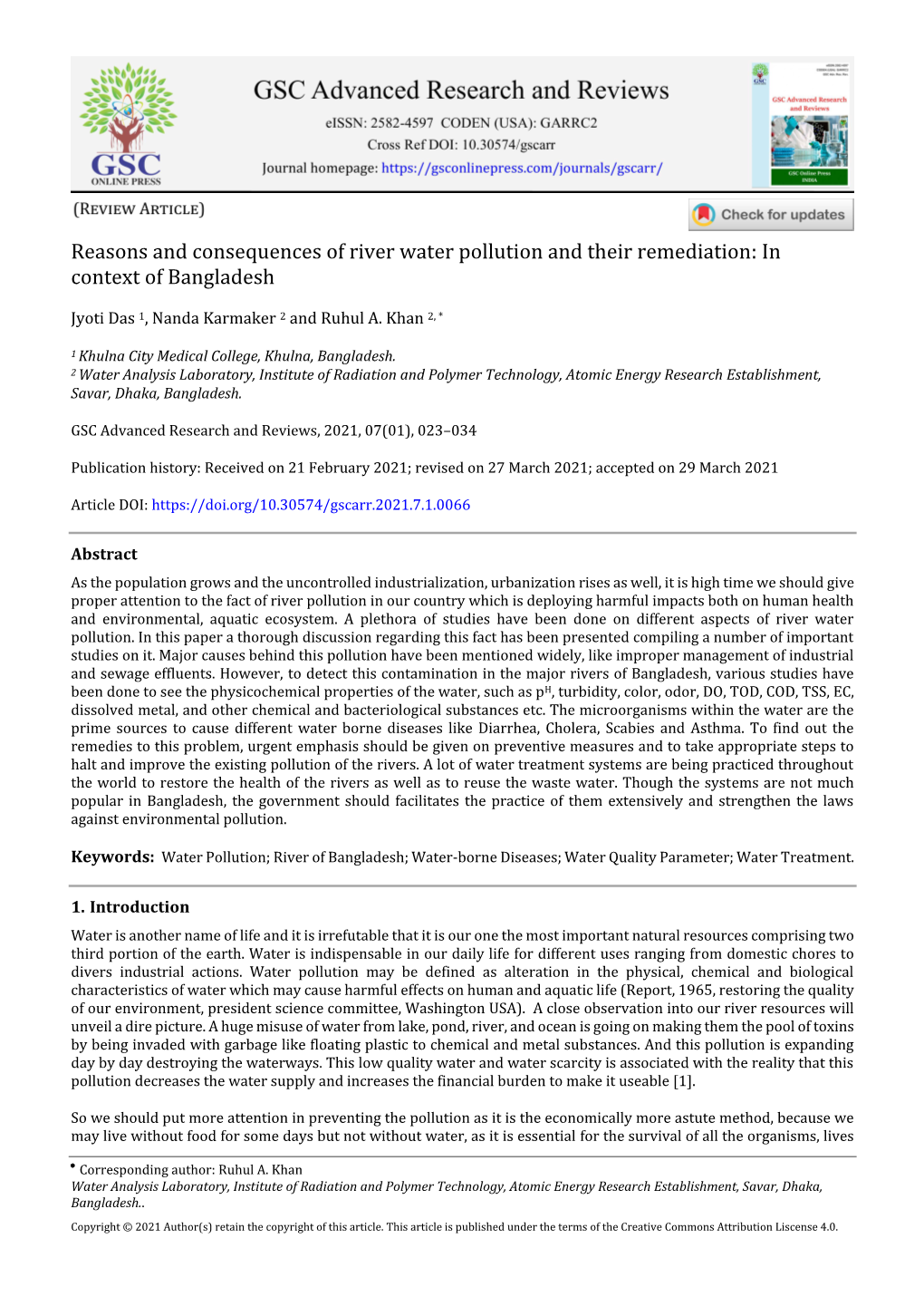 Reasons and Consequences of River Water Pollution and Their Remediation: in Context of Bangladesh
