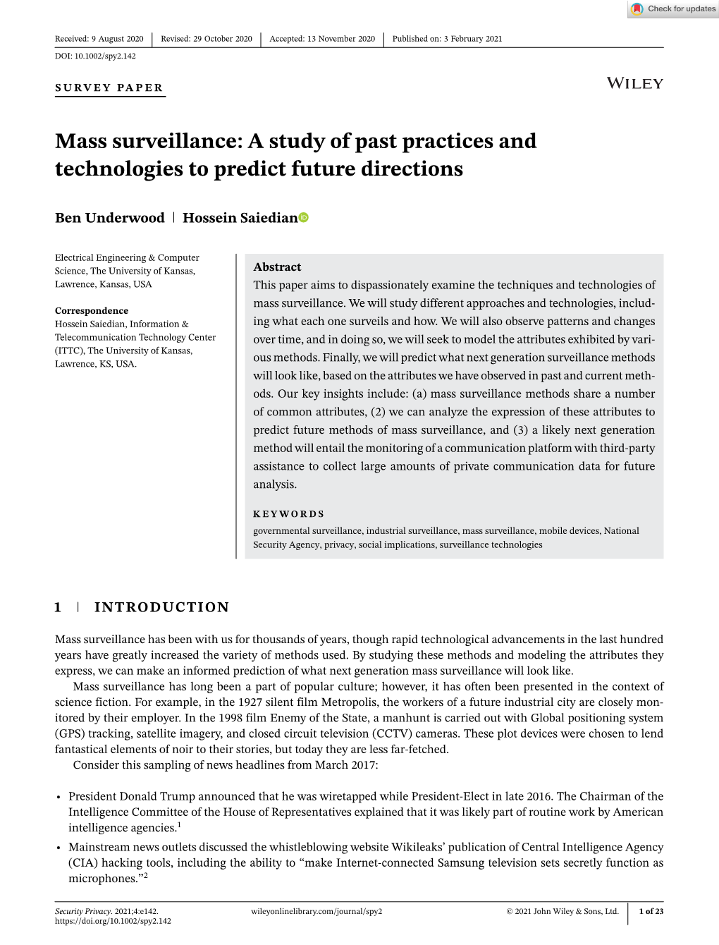 Mass Surveillance: a Study of Past Practices and Technologies to Predict Future Directions