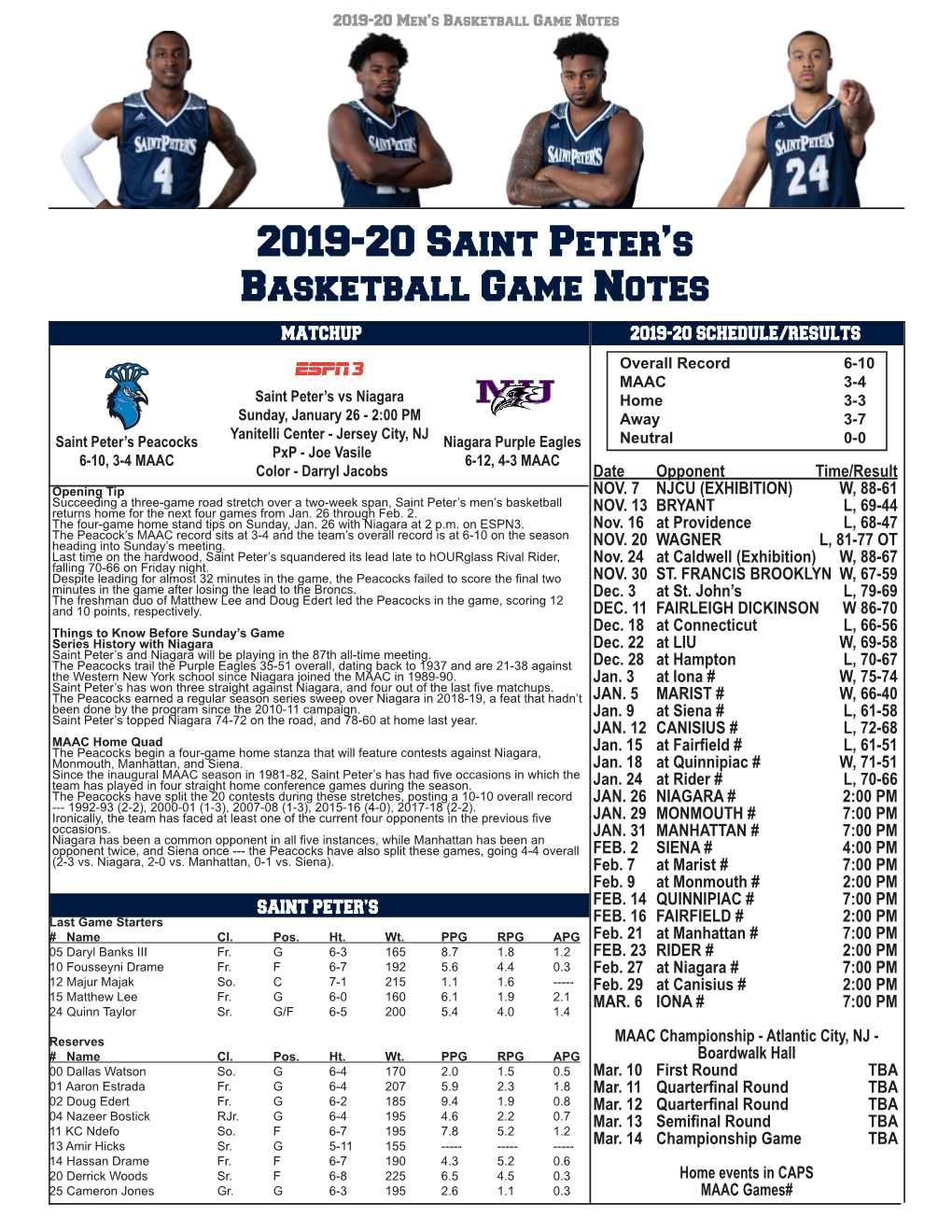 2019-20 Saint Peter's Basketball Game Notes