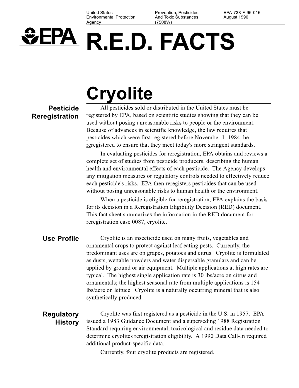 Cryolite: Reregistration Eligibility Decision (RED) Fact Sheet