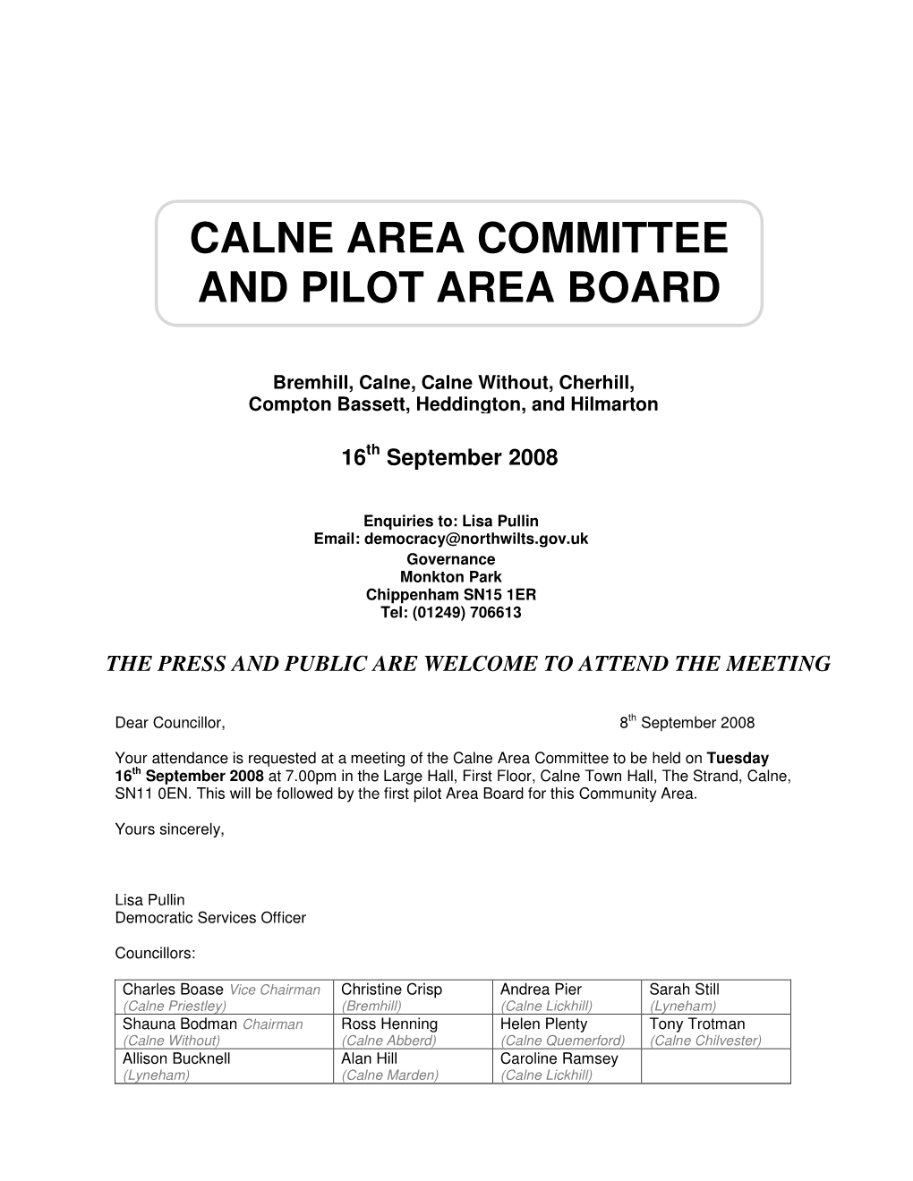 Calne Area Committee and Pilot Area