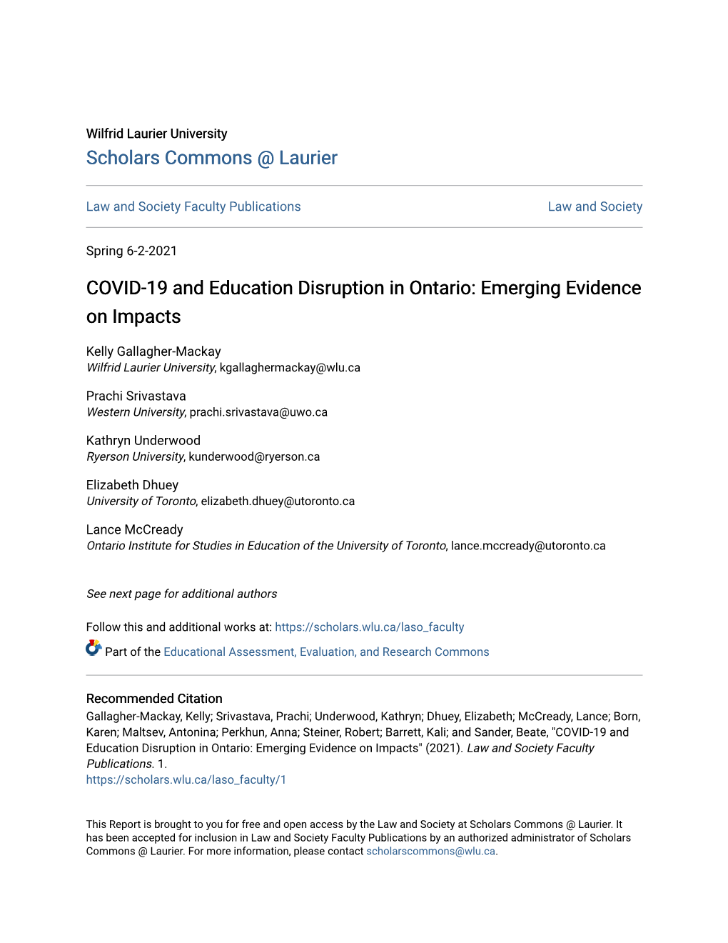 COVID-19 and Education Disruption in Ontario: Emerging Evidence on Impacts