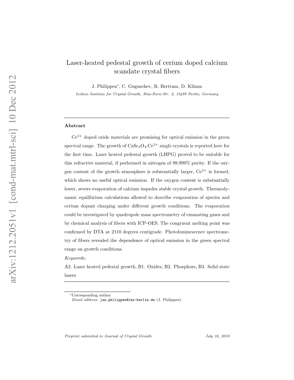 Laser-Heated Pedestal Growth of Cerium Doped Calcium Scandate