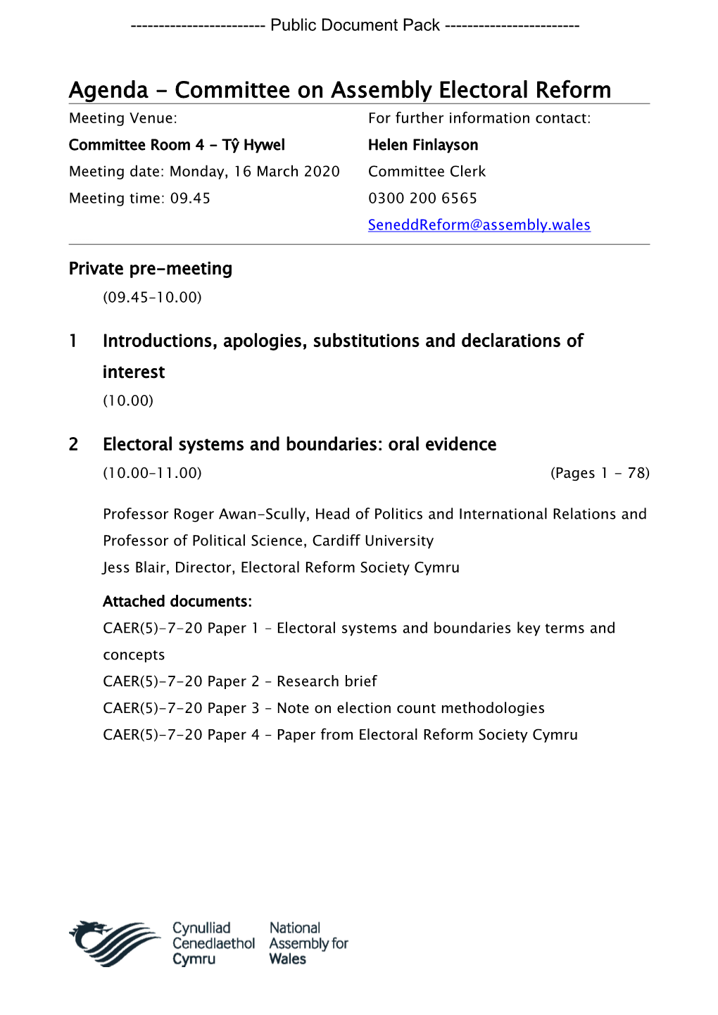 (Public Pack)Agenda Document for Committee on Assembly Electoral Reform, 16/03/2020 09:45