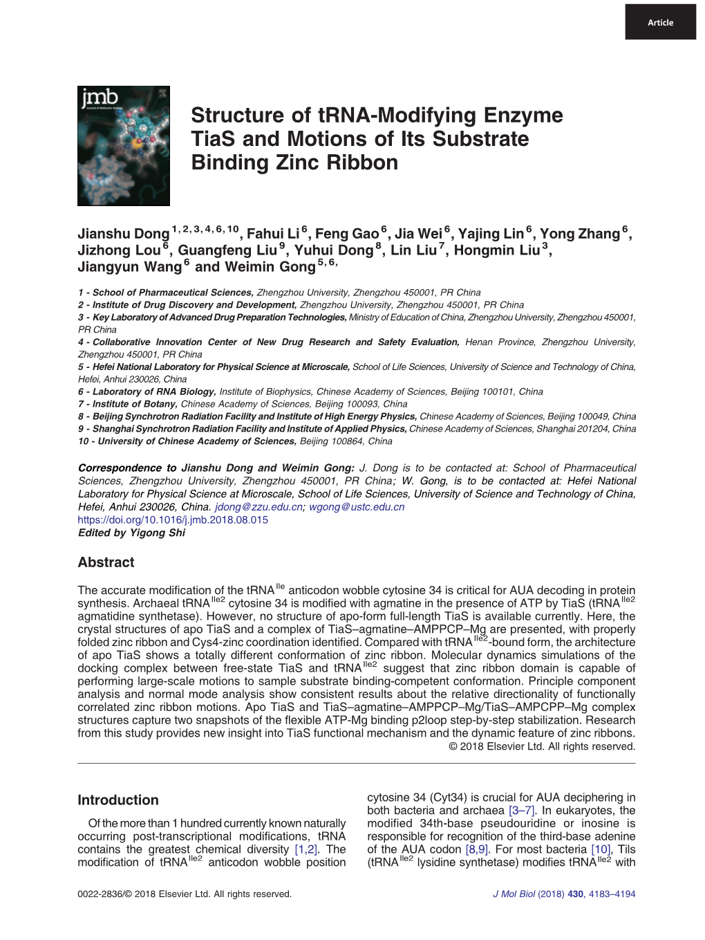 Structure of Trna-Modifying Enzyme Tias and Motions of Its Substrate Binding Zinc Ribbon