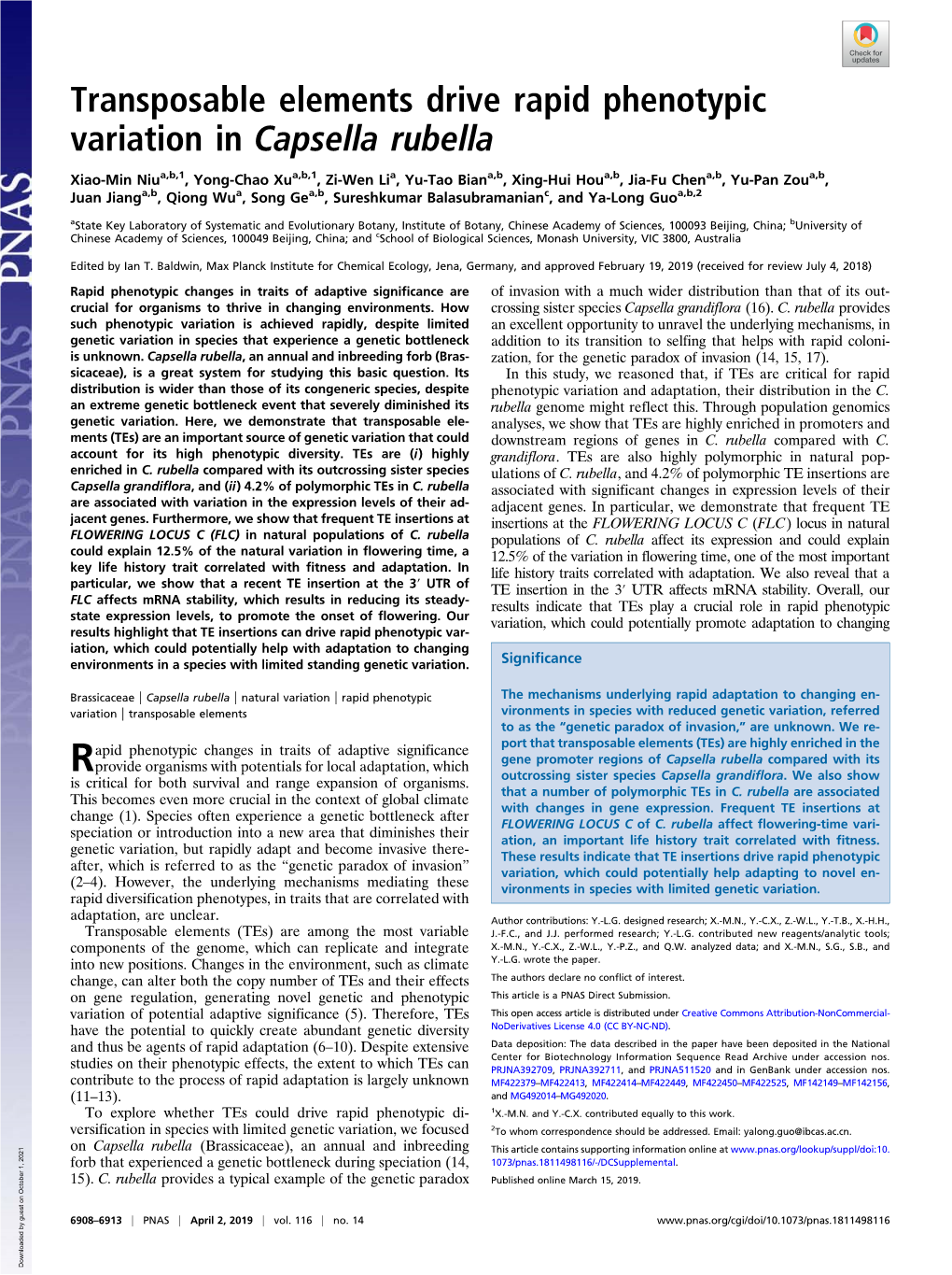 Transposable Elements Drive Rapid Phenotypic Variation in Capsella Rubella