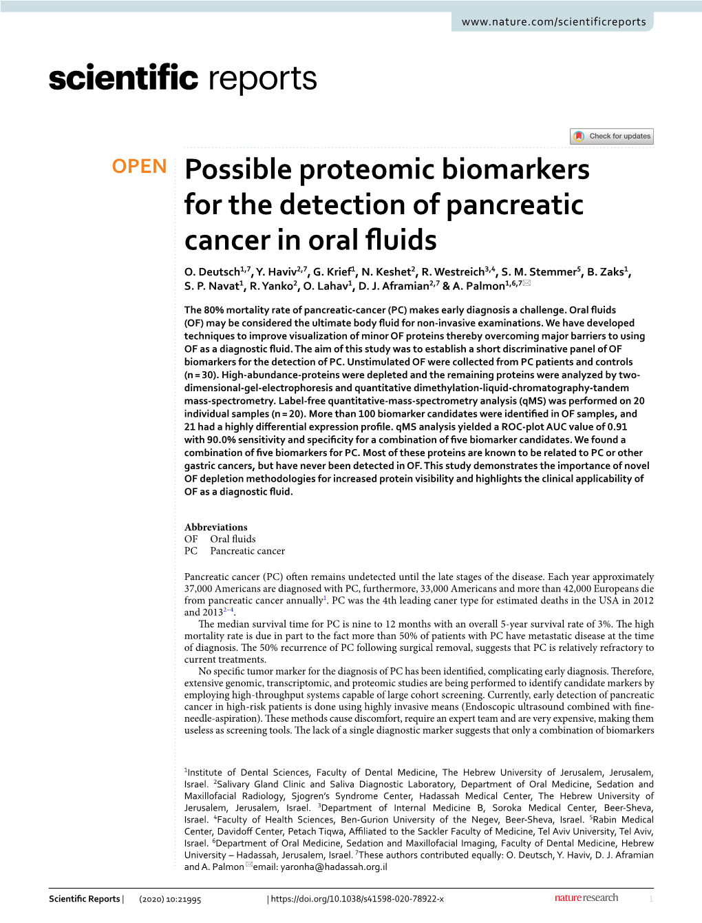 Possible Proteomic Biomarkers for the Detection of Pancreatic Cancer in Oral Fuids O