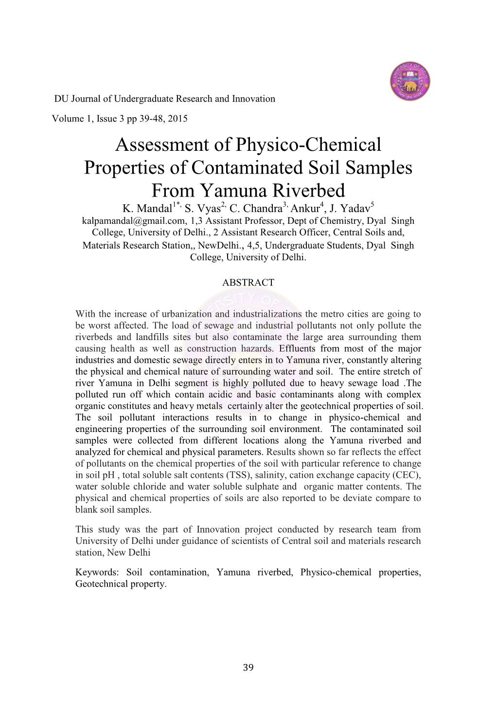 Assessment of Physico-Chemical Properties of Contaminated Soil Samples from Yamuna Riverbed K