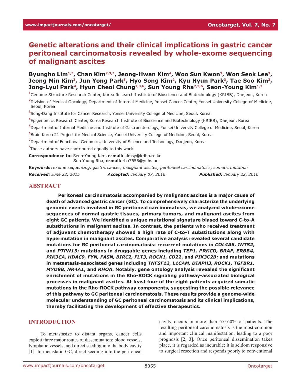 Genetic Alterations and Their Clinical Implications in Gastric Cancer Peritoneal Carcinomatosis Revealed by Whole-Exome Sequencing of Malignant Ascites