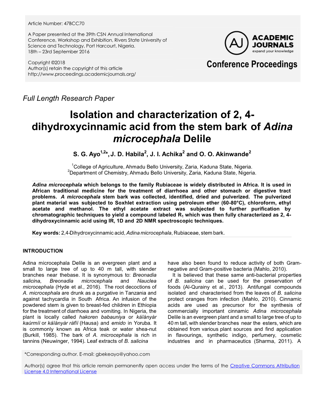 Dihydroxycinnamic Acid from the Stem Bark of Adina Microcephala Delile