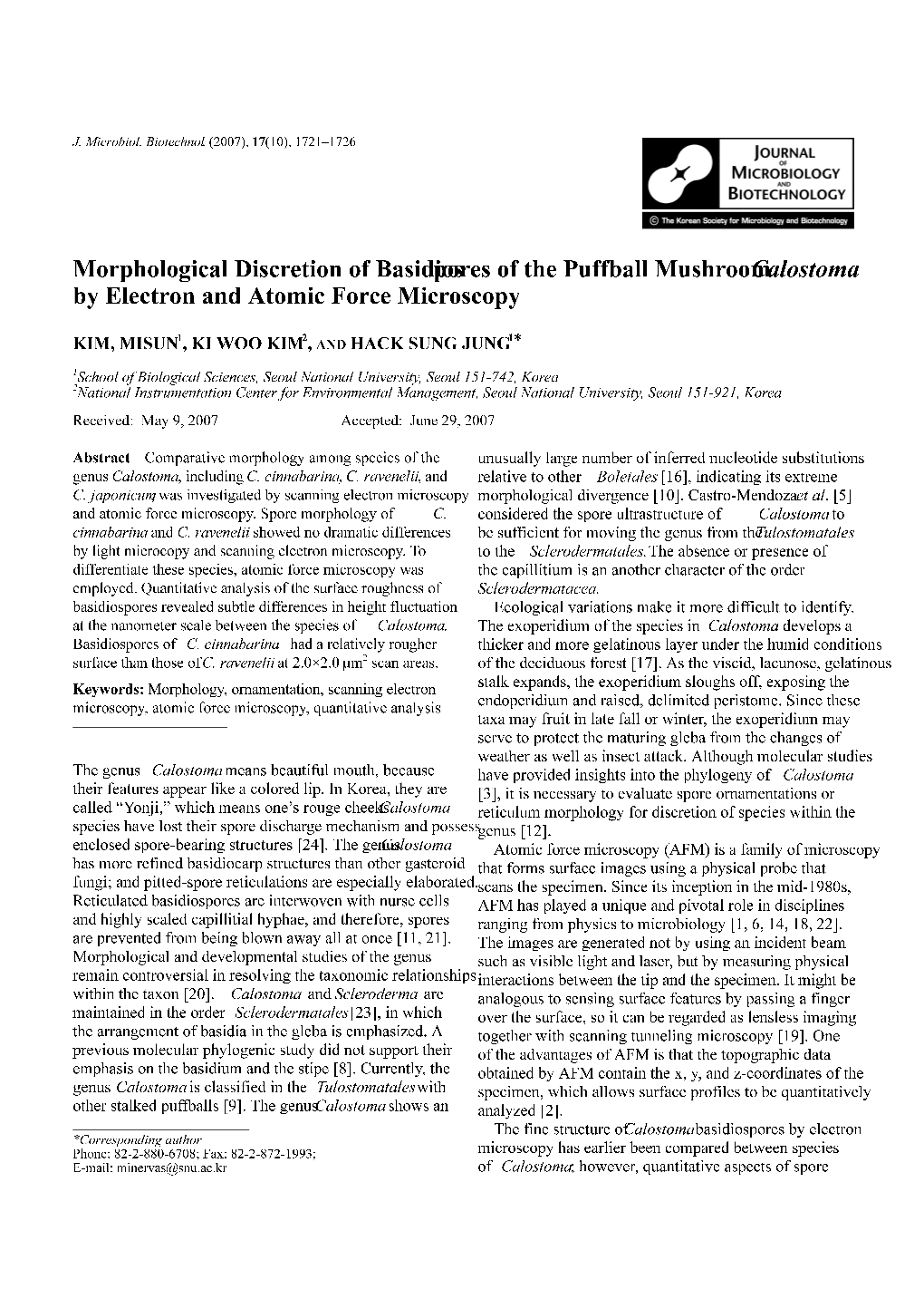 Morphological Discretion of Basidiospores of the Puffball Mushroom Calostoma by Electron and Atomic Force Microscopy