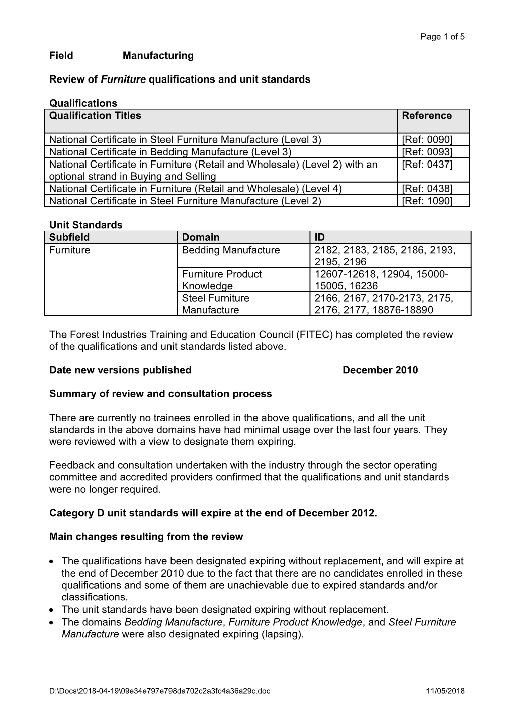 Review of Furniture Qualifications and Unit Standards