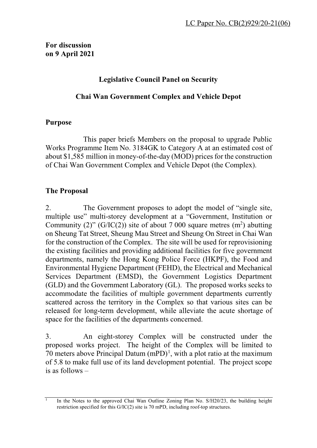 Administration's Paper on the Chai Wan Government Complex And