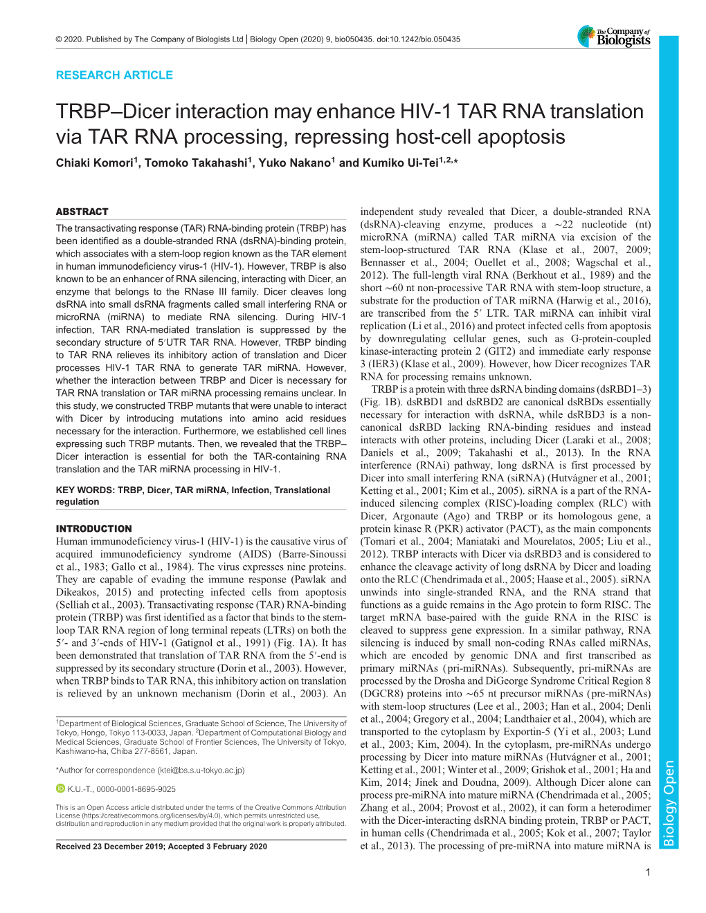 TRBP–Dicer Interaction May Enhance HIV-1 TAR RNA Translation Via TAR