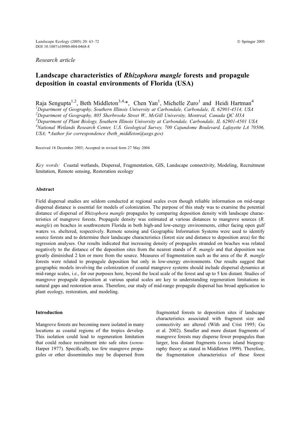 Landscape Characteristics of Rhizophora Mangle Forests and Propagule Deposition in Coastal Environments of Florida (USA)