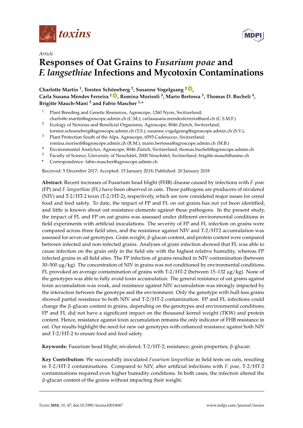 Responses of Oat Grains to Fusarium Poae and F. Langsethiae Infections and Mycotoxin Contaminations