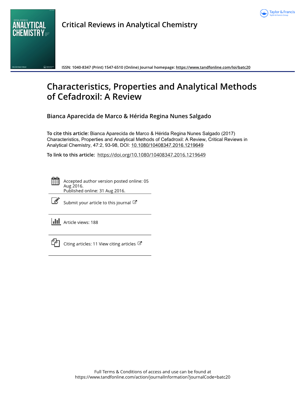 Characteristics, Properties and Analytical Methods of Cefadroxil: a Review