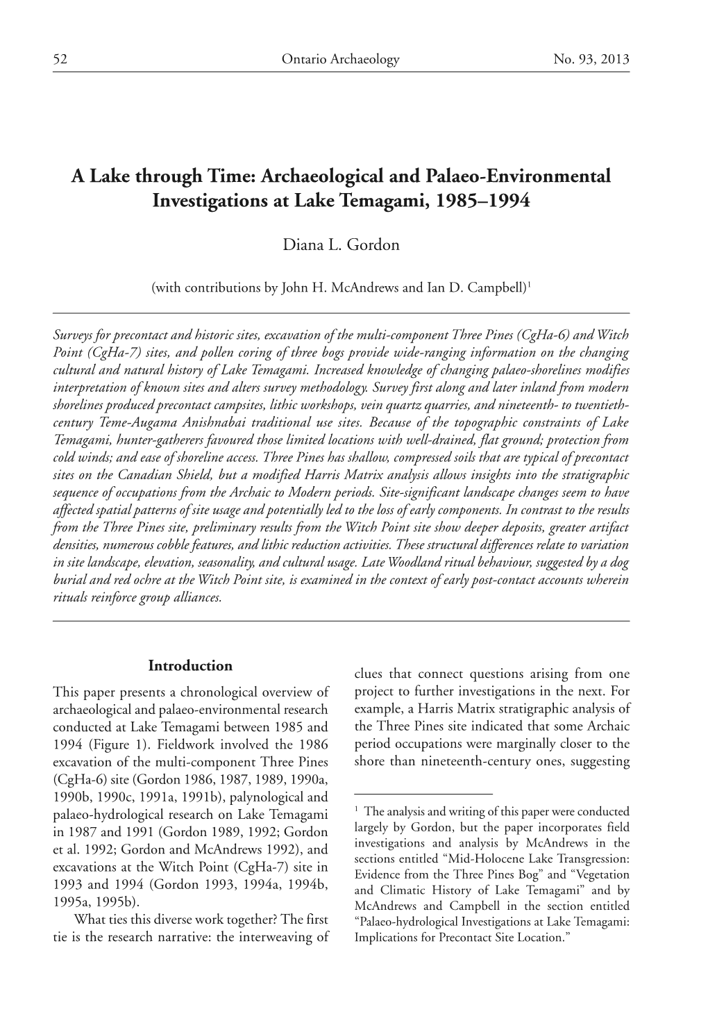 Archaeological and Palaeo-Environmental Investigations at Lake Temagami, 1985–1994