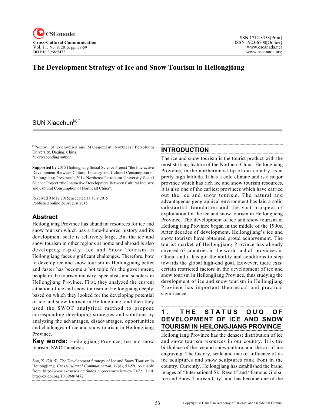 The Development Strategy of Ice and Snow Tourism in Heilongjiang