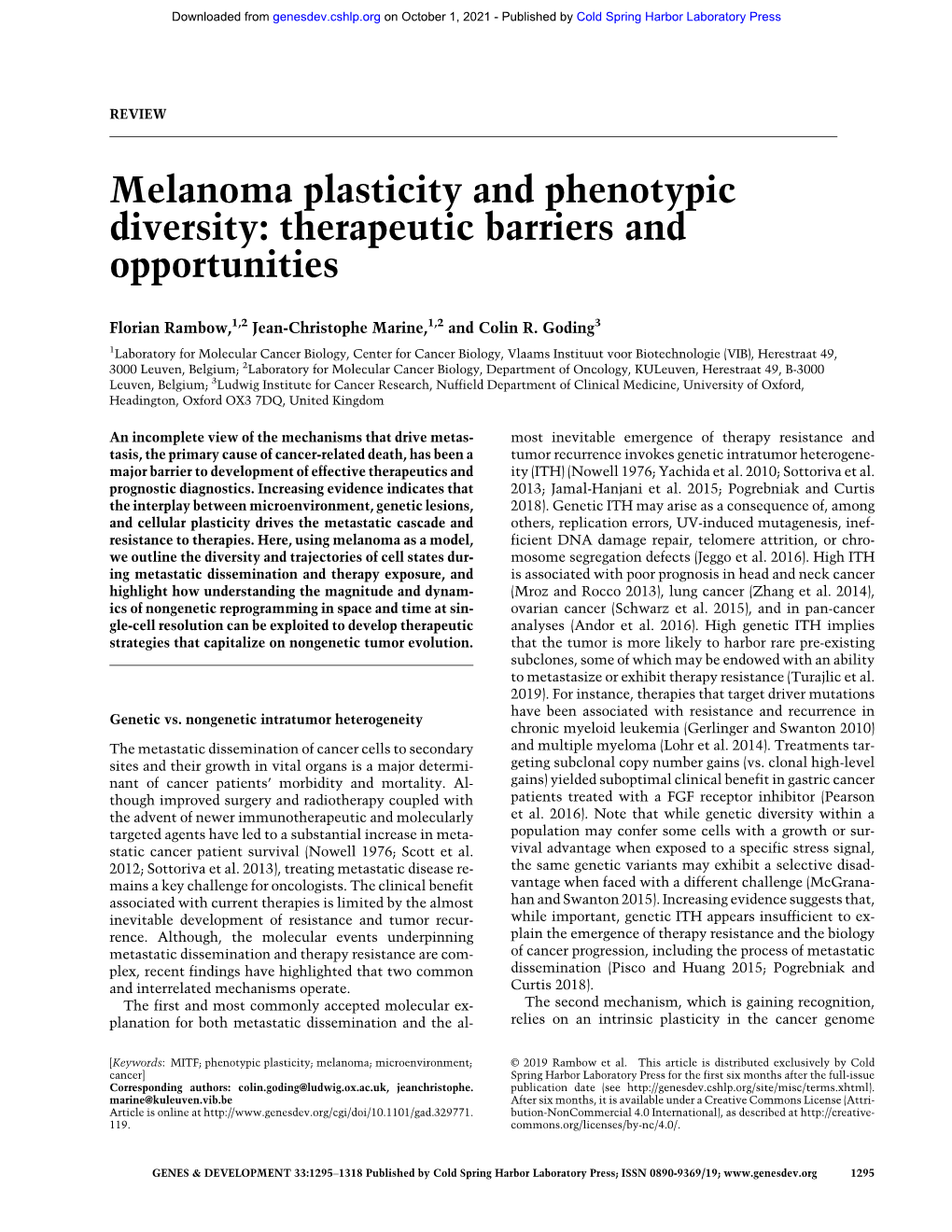 Melanoma Plasticity and Phenotypic Diversity: Therapeutic Barriers and Opportunities