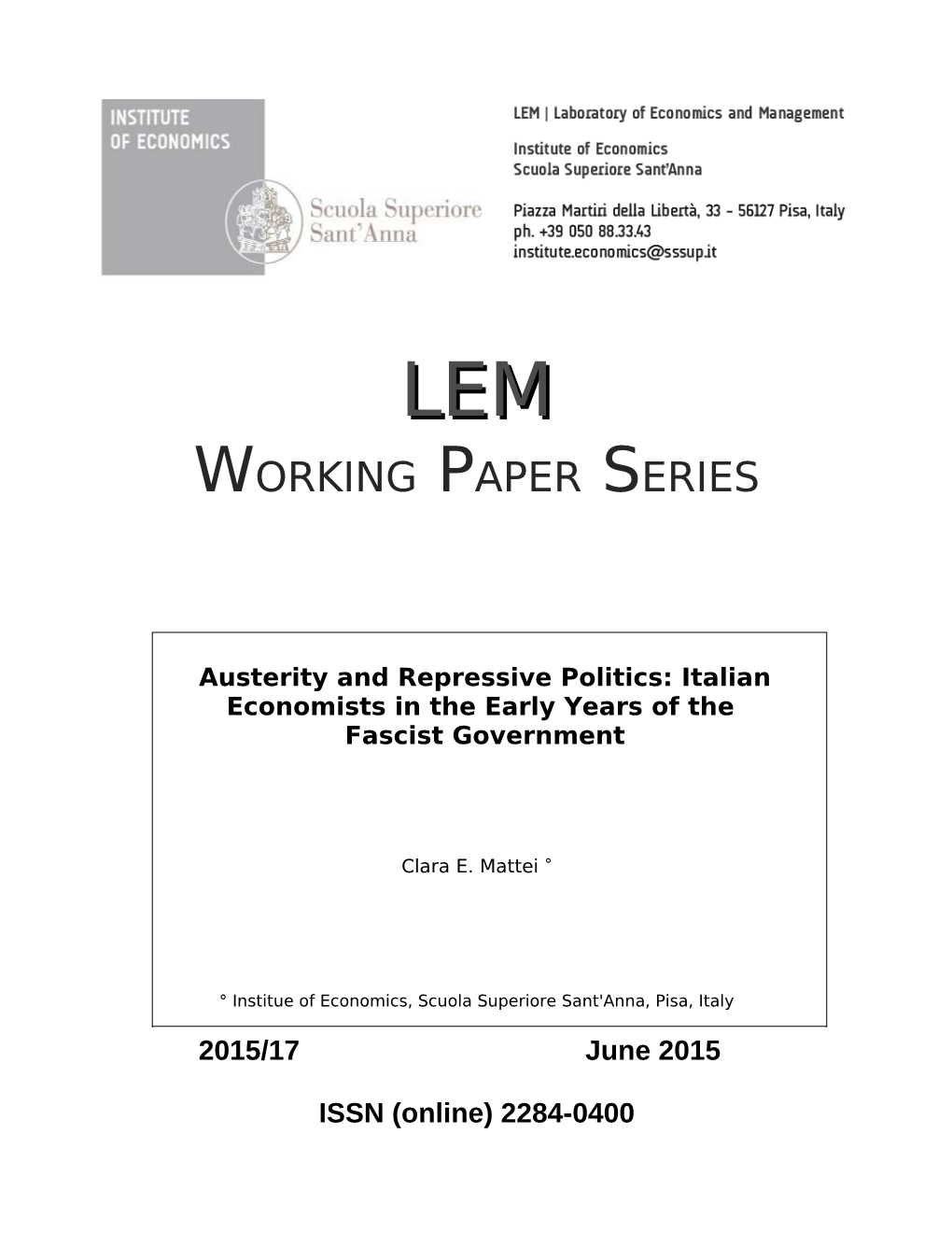 Austerity and Repressive Politics: Italian Economists in the Early Years of the Fascist Government