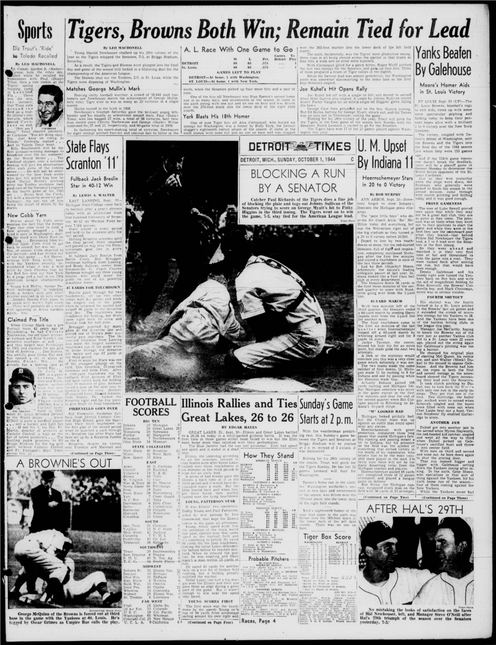 Sports Tigers, Browns Both Win; Remain Tied for Lead by LEO MACDONELL Over the 365-Foot Marker Into the Lower Deck of Left Field Diz Trout's 'Ride' * to Stands