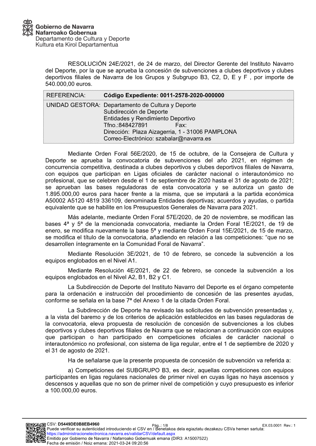 RESOLUCIÓN 24E/2021, De 24 De Marzo, Del Director Gerente Del