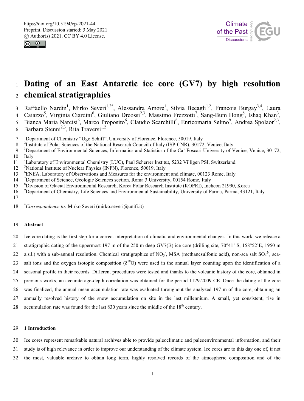 Dating of an East Antarctic Ice Core (GV7) by High Resolution 2 Chemical Stratigraphies