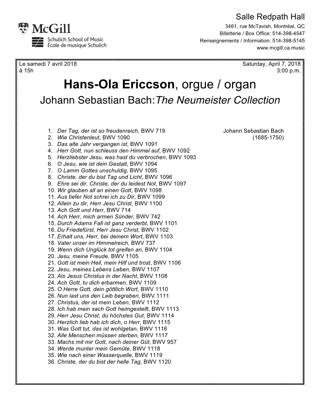 Hans-Ola Ericcson, Orgue / Organ Johann Sebastian Bach:The Neumeister Collection