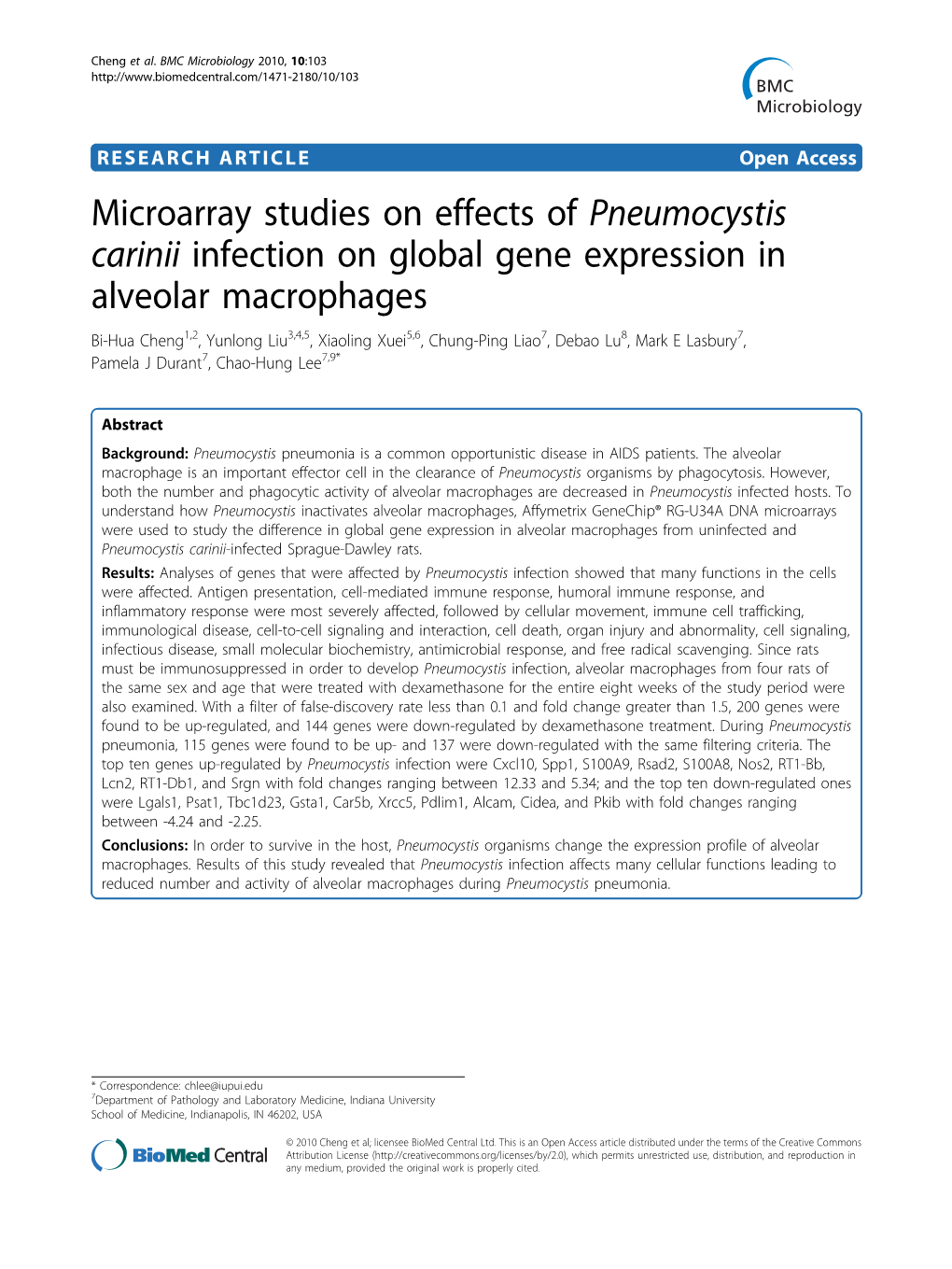 Microarray Studies on Effects of Pneumocystis Carinii Infection On