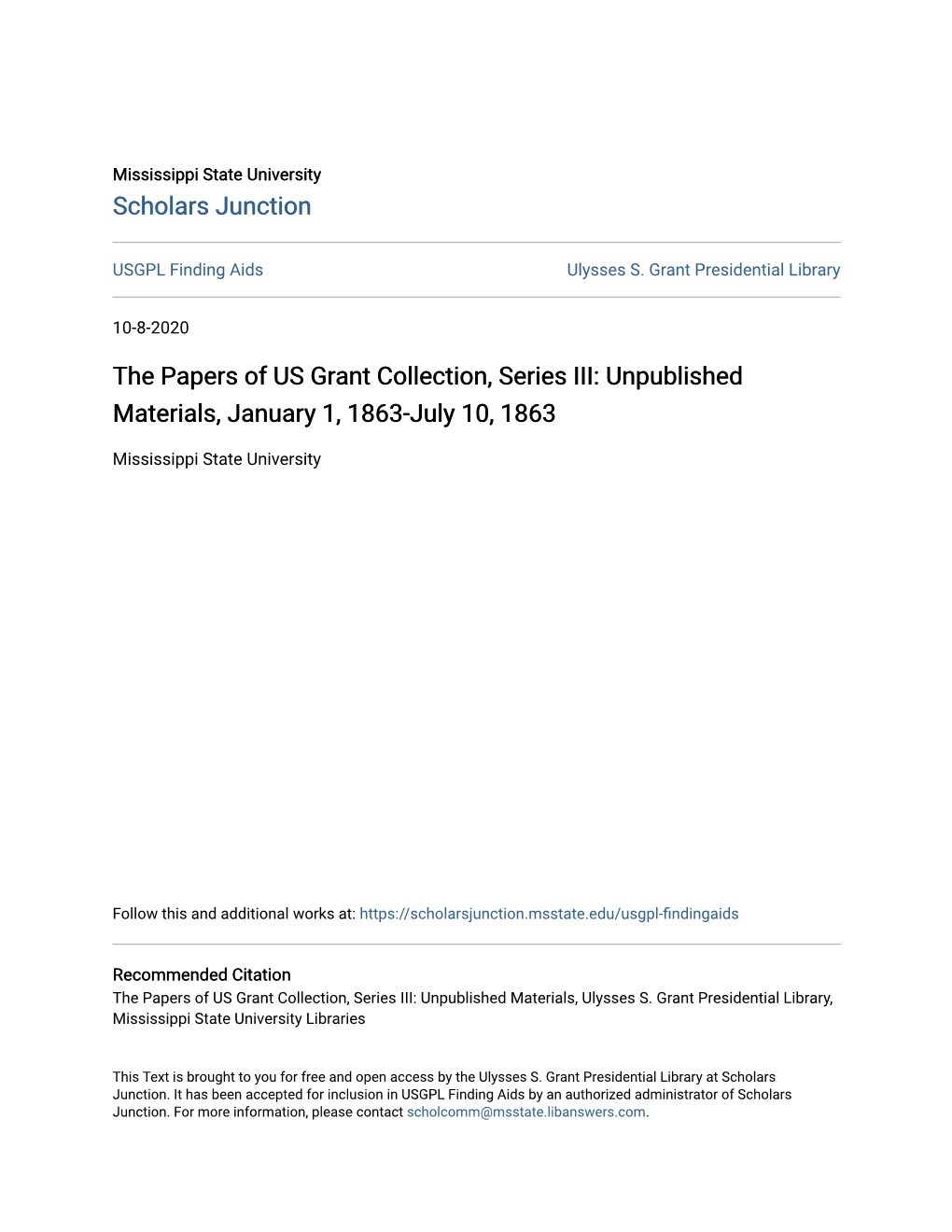 The Papers of US Grant Collection, Series III: Unpublished Materials, January 1, 1863-July 10, 1863