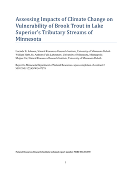 Assessing Impacts of Climate Change on Vulnerability of Brook Trout in Lake Superior’S Tributary Streams of Minnesota