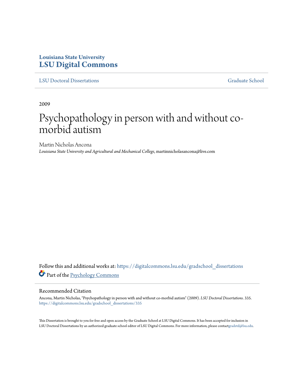 Psychopathology in Person with and Without Co-Morbid Autism" (2009)