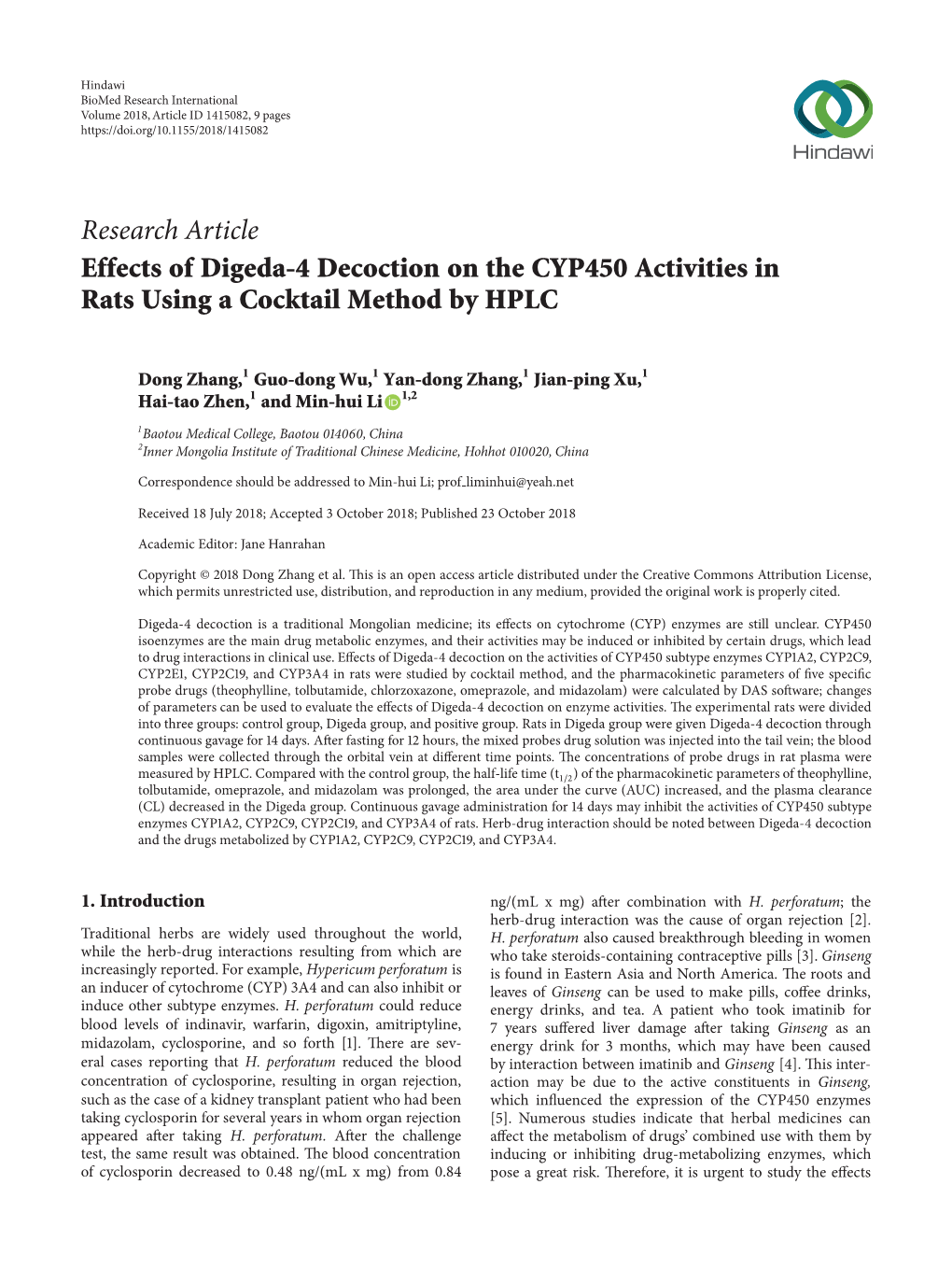Research Article Effects of Digeda-4 Decoction on the CYP450 Activities in Rats Using a Cocktail Method by HPLC