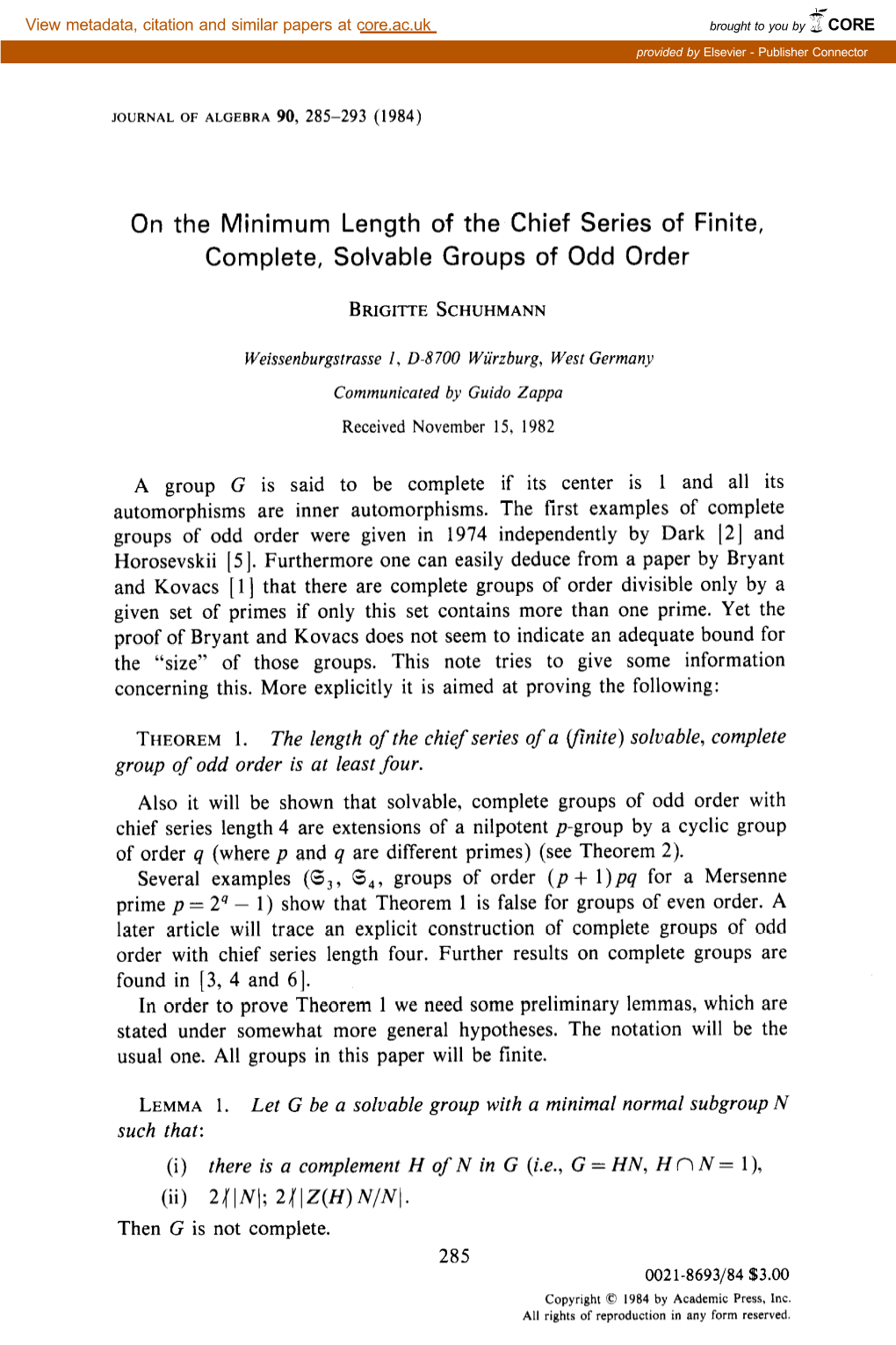 On the Minimum Length of the Chief Series of Finite, Complete, Solvable Groups of Odd Order