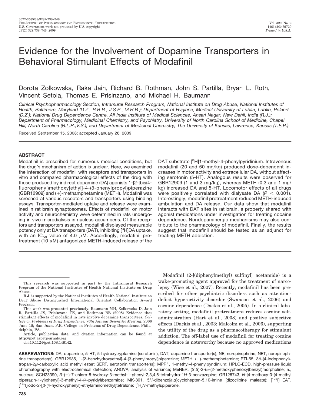 Evidence for the Involvement of Dopamine Transporters in Behavioral Stimulant Effects of Modafinil