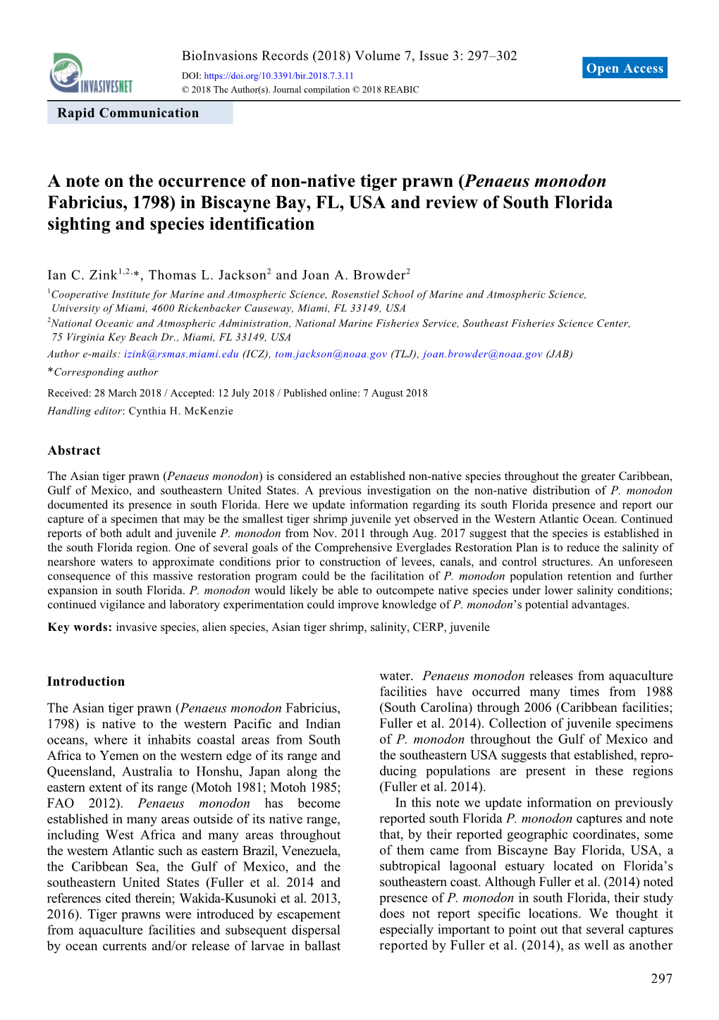 Penaeus Monodon Fabricius, 1798) in Biscayne Bay, FL, USA and Review of South Florida Sighting and Species Identification