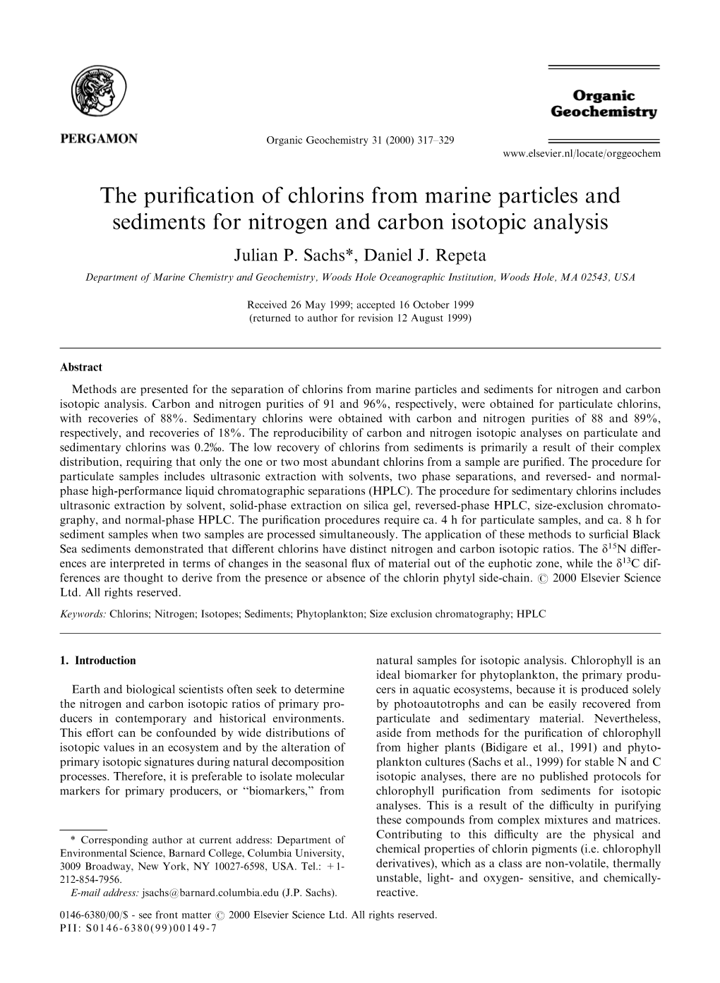 The Purification of Chlorins from Marine Particles and Sediments For