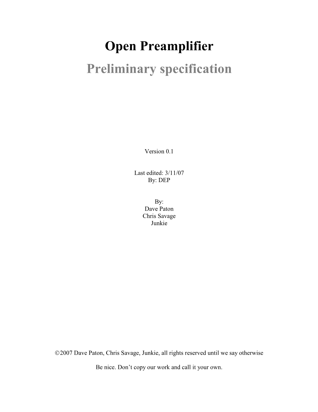 Open Preamplifier Preliminary Specification