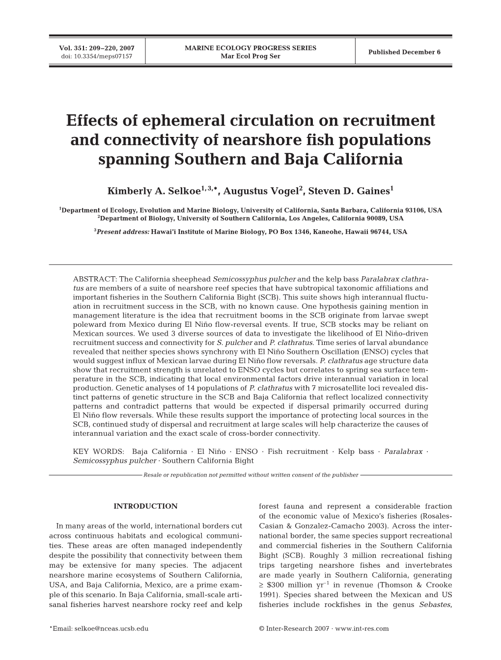 Effects of Ephemeral Circulation on Recruitment and Connectivity of Nearshore Fish Populations Spanning Southern and Baja California