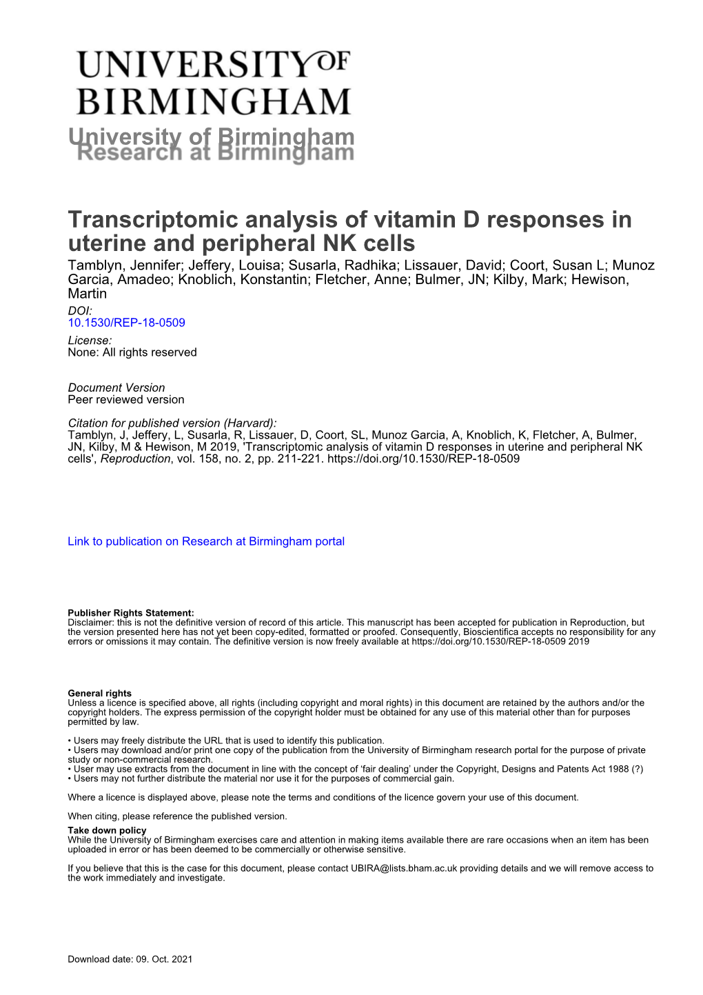 University of Birmingham Transcriptomic Analysis of Vitamin D