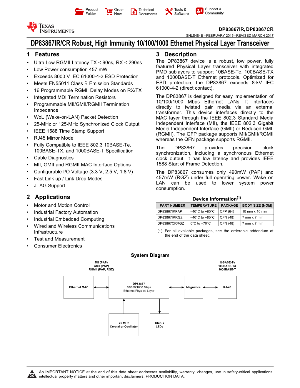 DP83867IR/CR High Immunity 10/100/1000 Ethernet Physical