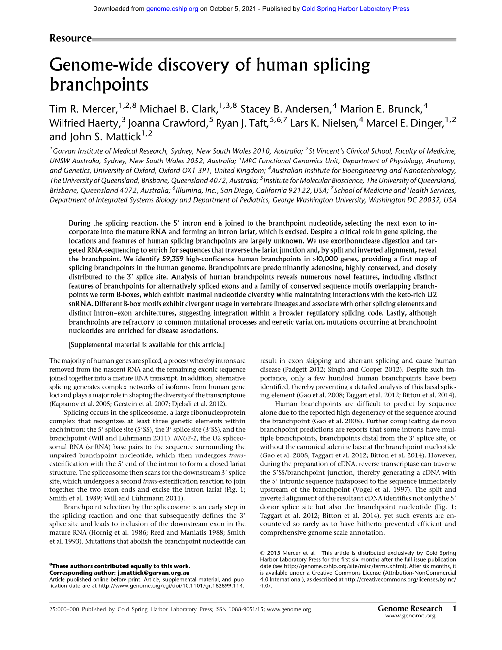 Genome-Wide Discovery of Human Splicing Branchpoints