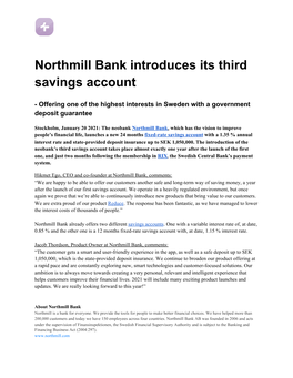 Northmill Bank Introduces Its Third Savings Account