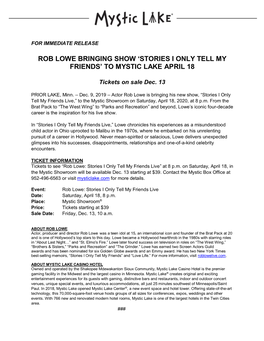 Rob Lowe Bringing Show ‘Stories I Only Tell My Friends’ to Mystic Lake April 18