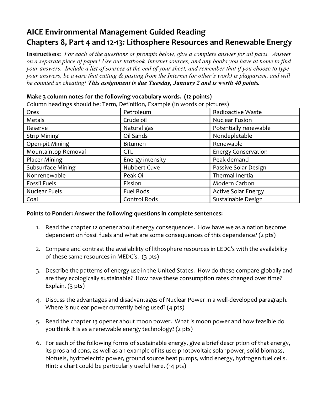 AICE / AP Environmental Management Guided Reading, Chapter 1