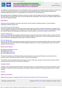 International Electrotechnical Commission International Organization for Standardization (Requires Password) Graphical Symbols for Use on Equipment