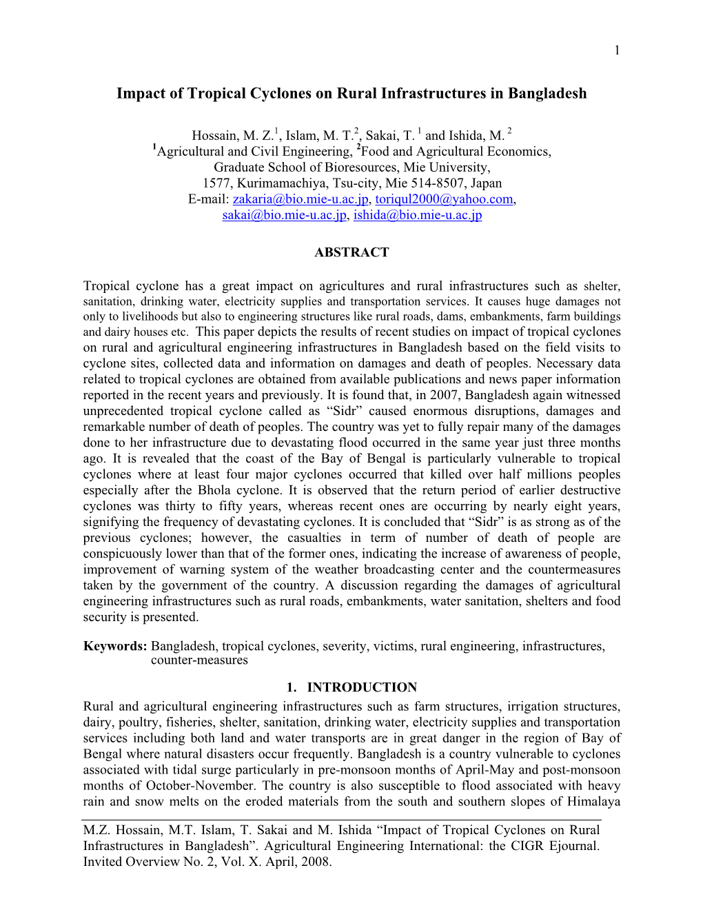 Impact of Tropical Cyclones on Rural Infrastructures in Bangladesh