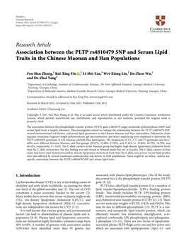 Association Between the PLTP Rs4810479 SNP and Serum Lipid Traits in the Chinese Maonan and Han Populations