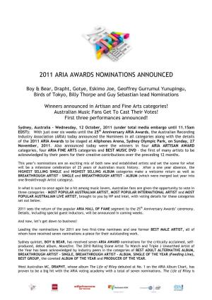 2011 Aria Awards Nominations Announced